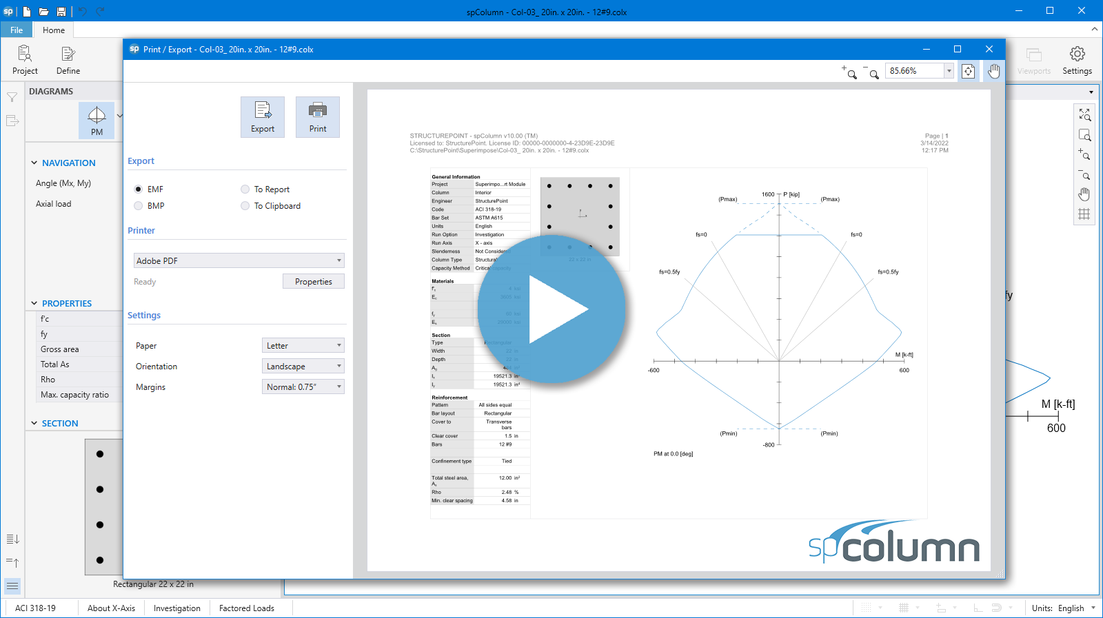 spColumn Design Results and Interaction Diagrams