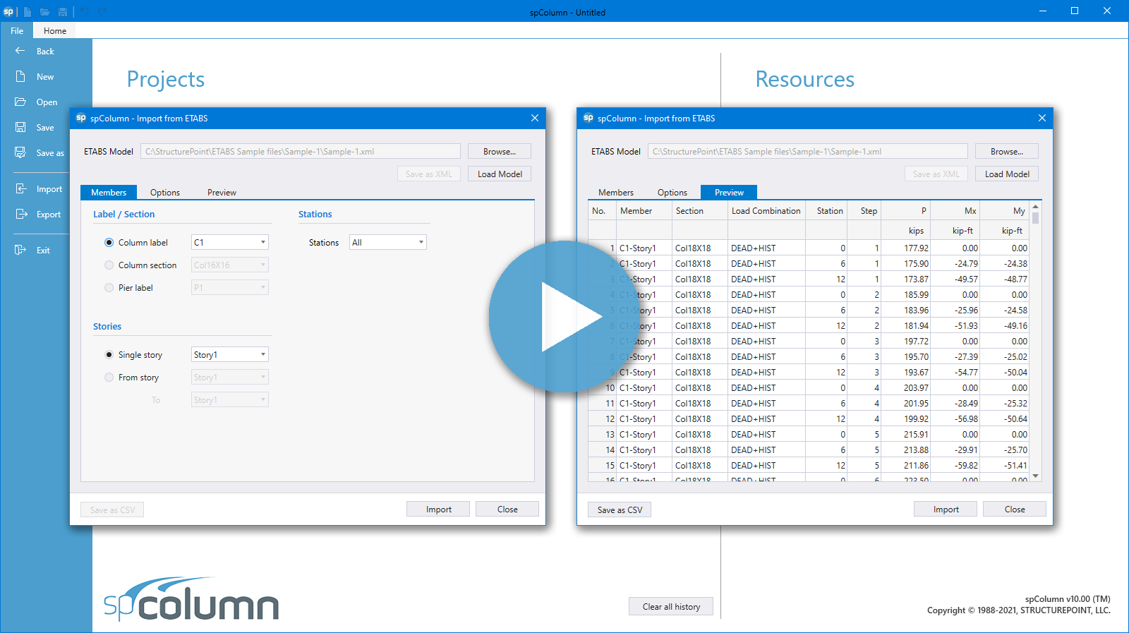 spColumn Import Load Data From ETABS Models