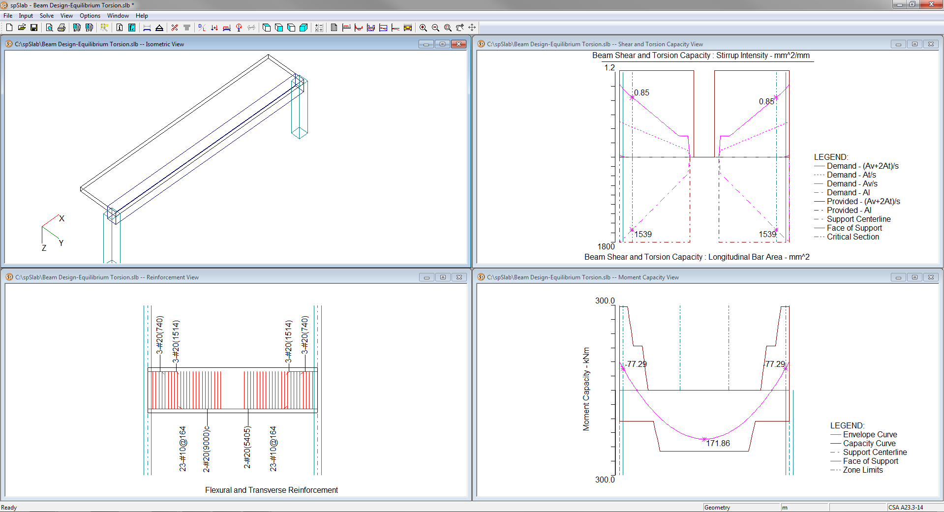 Spandrel beam–equilibrium torsion–design of longitudinal reinforcement for moment & transverse & additional longitudinal reinforcement for shear and torsion ...